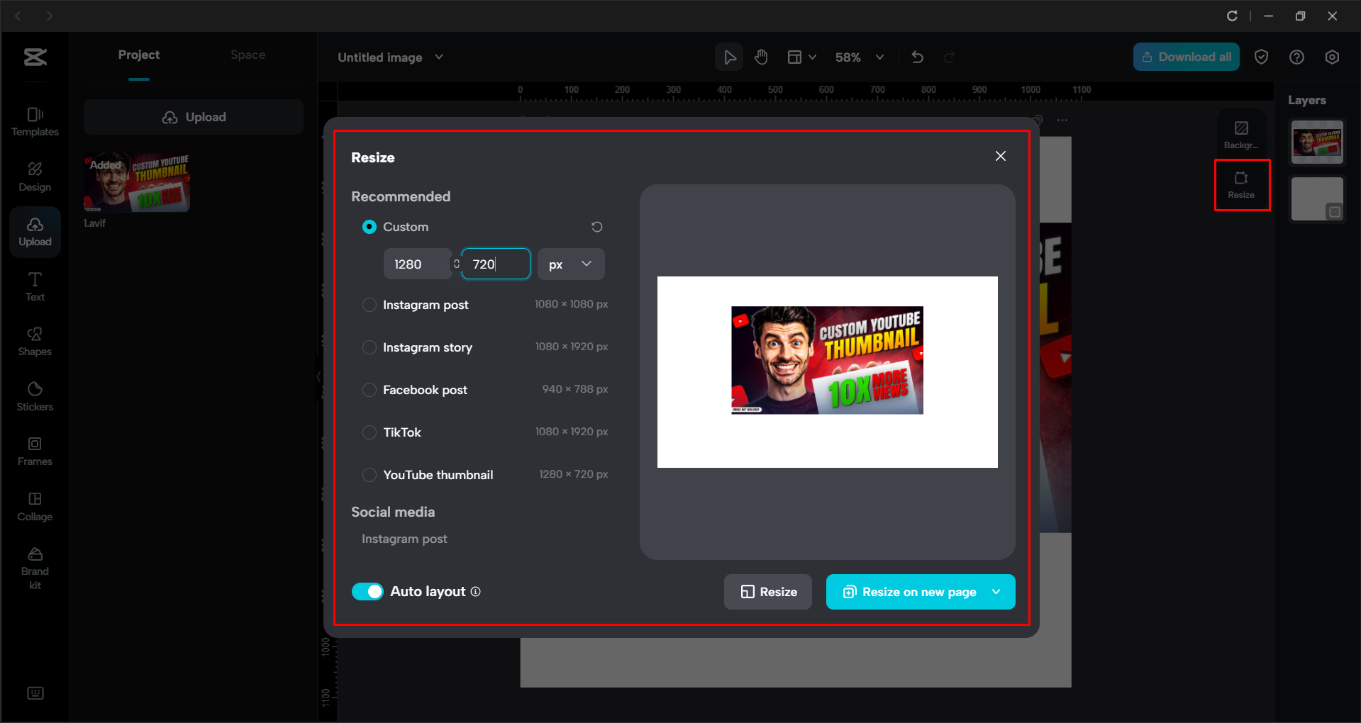Resizing the YouTube thumbnail in the CapCut desktop video editor