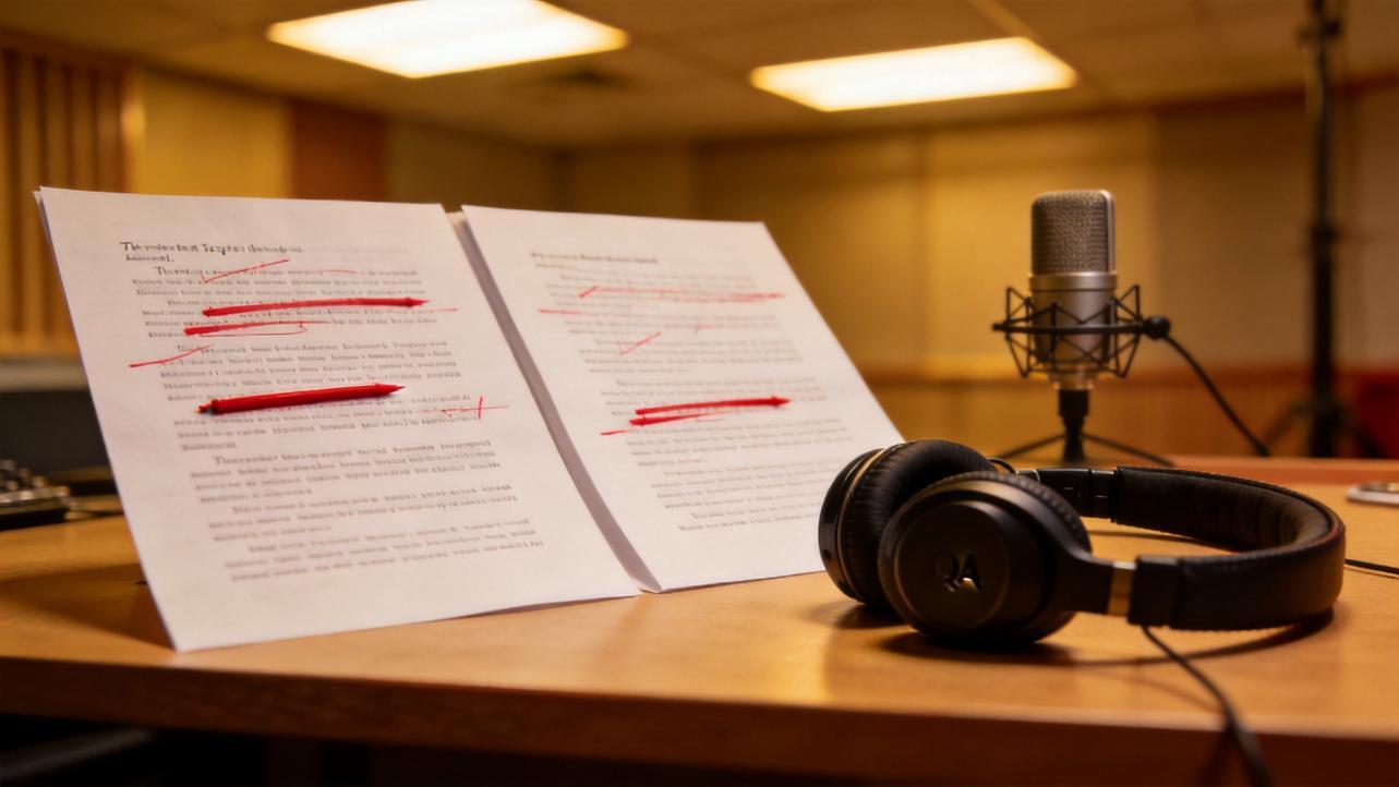 Headphones, microphone, and marked script pages on a recording studio desk