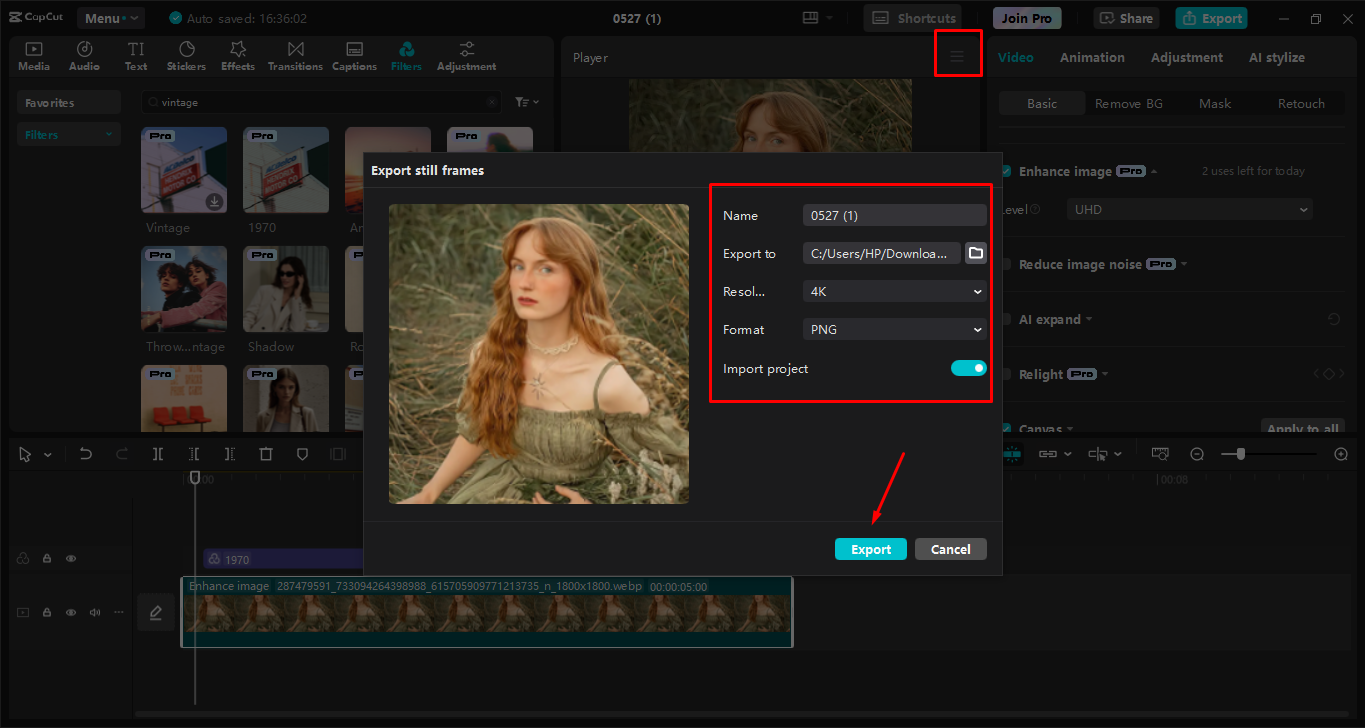 Esportazione dell'immagine finale dall' CapCut editor video desktop