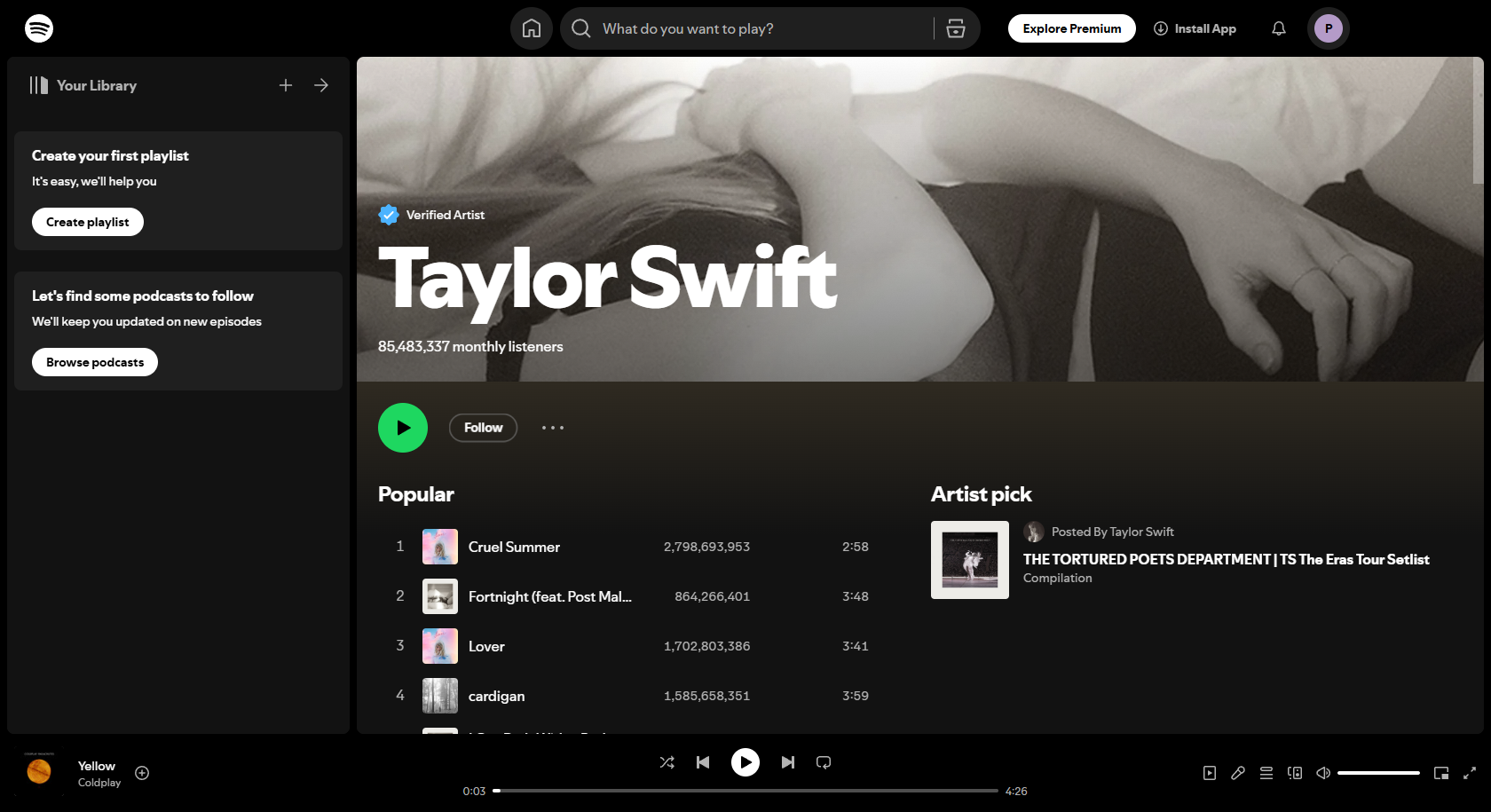 Interface Taylor Swift Spotify