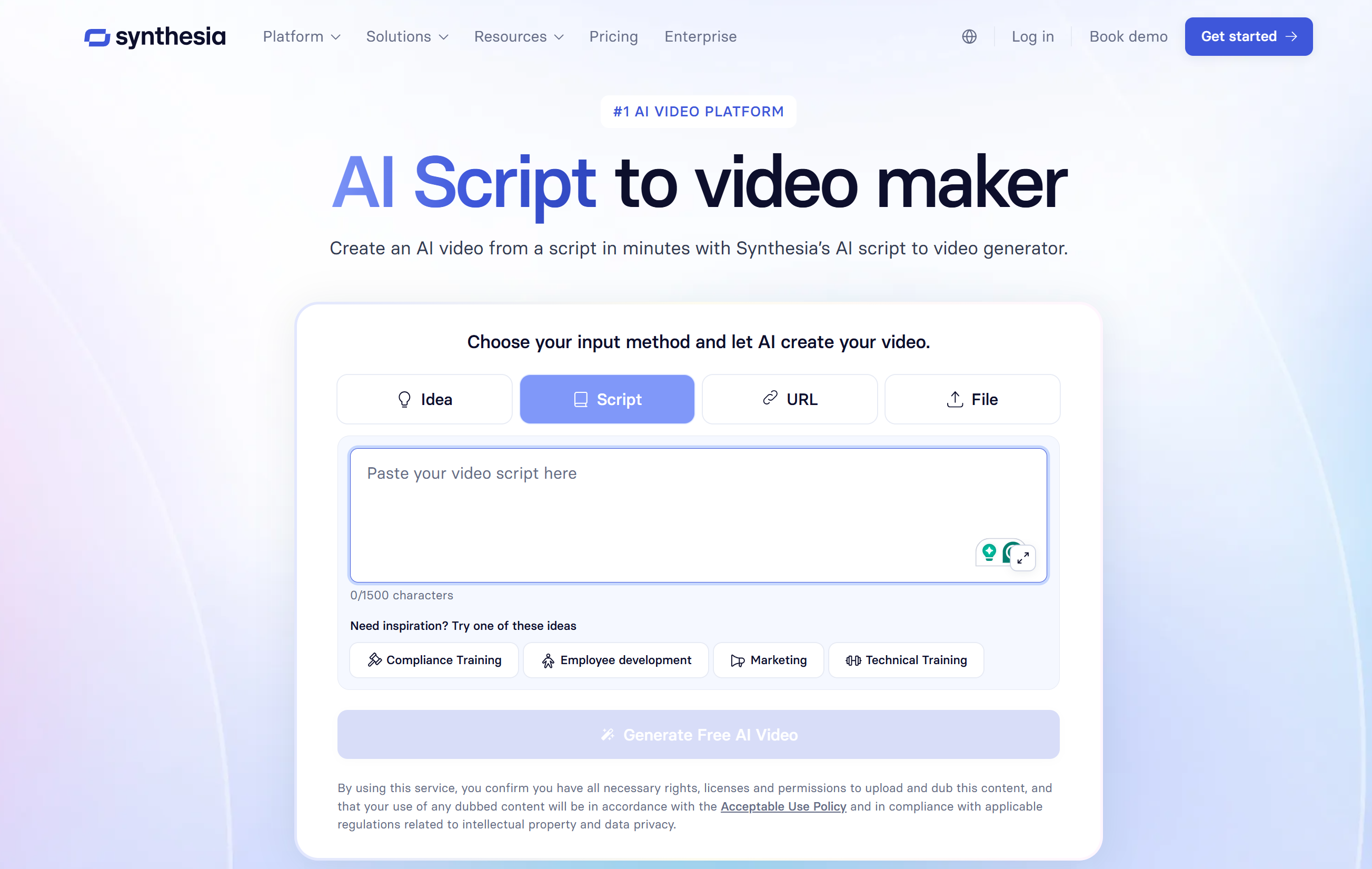 Giao diện của Synthesia - tập lệnh AI miễn phí cho trình tạo video