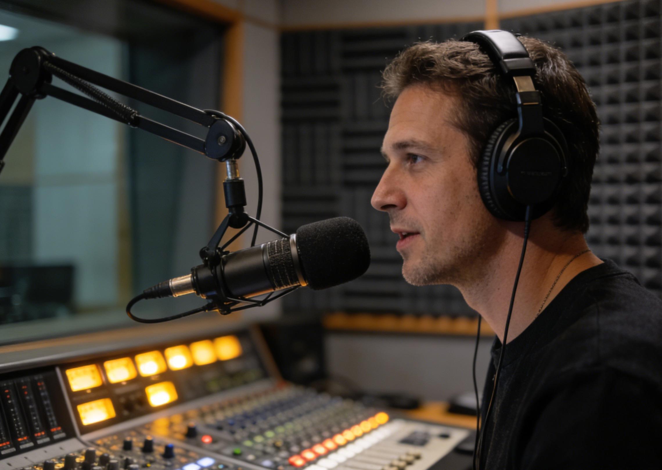A professional broadcast audio recording in a modern radio studio