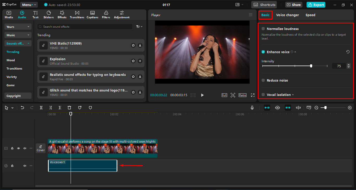 Bearbeitung des Musikvideos mit verschiedenen Werkzeugen im CapCut Desktop-Video-Editor