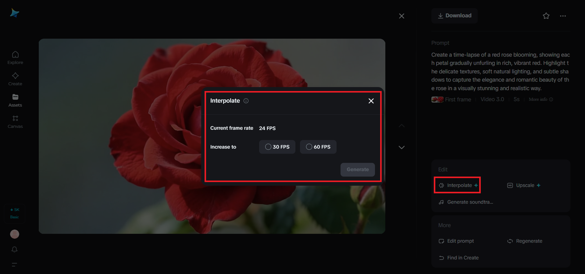 Interpolate feature in Dreamina