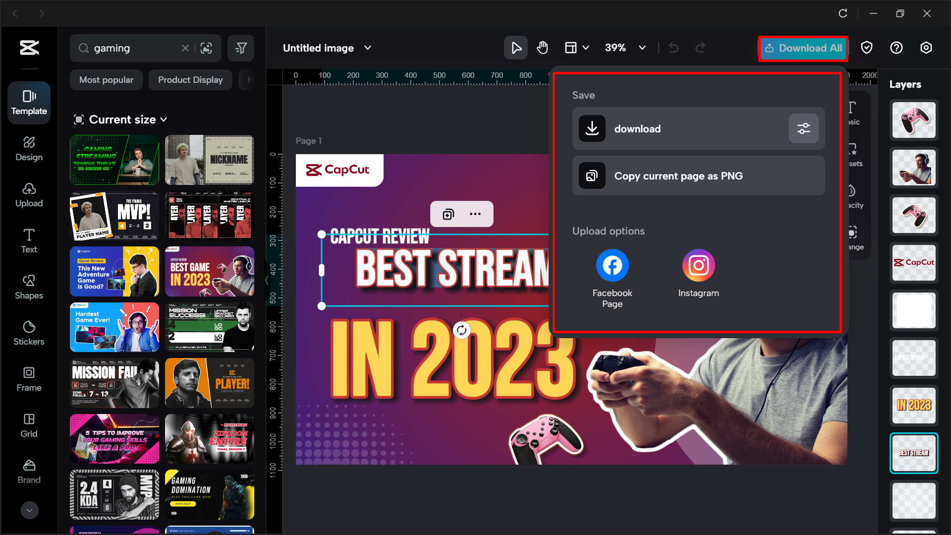 Exporting the Twitch banner from the CapCut desktop video editor