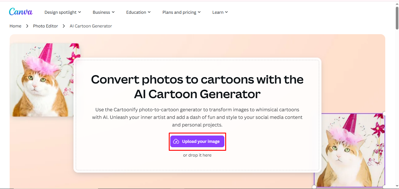 Caricamento di una foto nello strumento editor di foto di cartoni animati 3D di Canva.