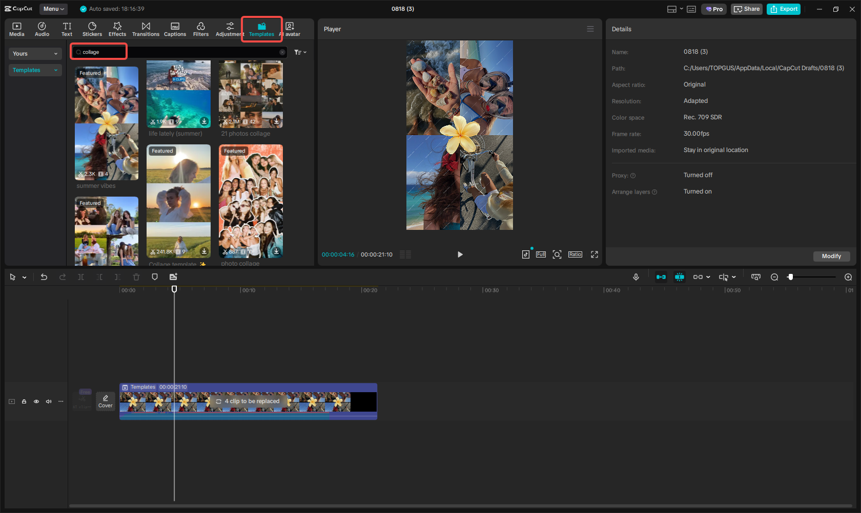 Pilih template video kolase