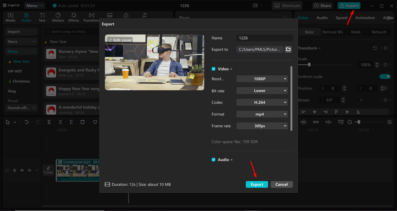 Eksportowanie wideo z CapCut edytora wideo na pulpicie