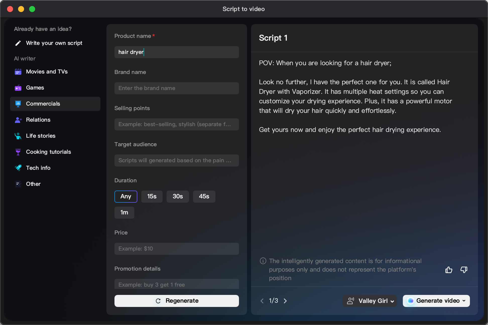 CapCut AI video ad maker showing the script generation step