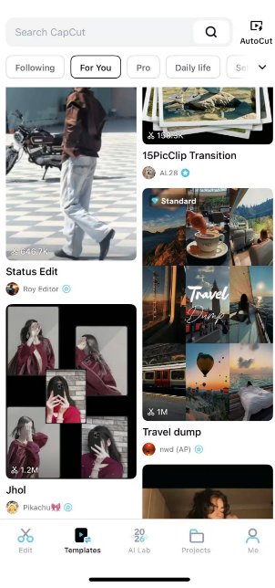 Suche nach Vorlagen in CapCut mobile