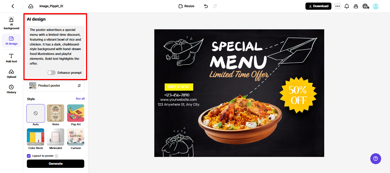 Entering a prompt in Pippit