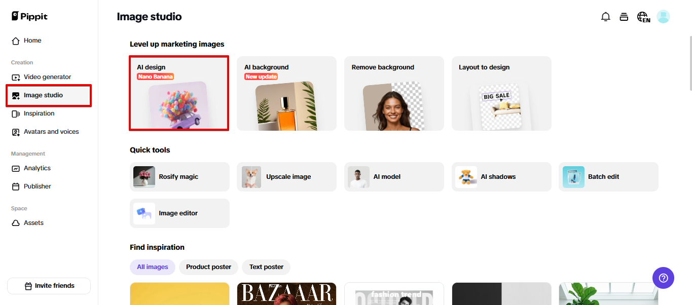 Opening Pippit's AI design tool