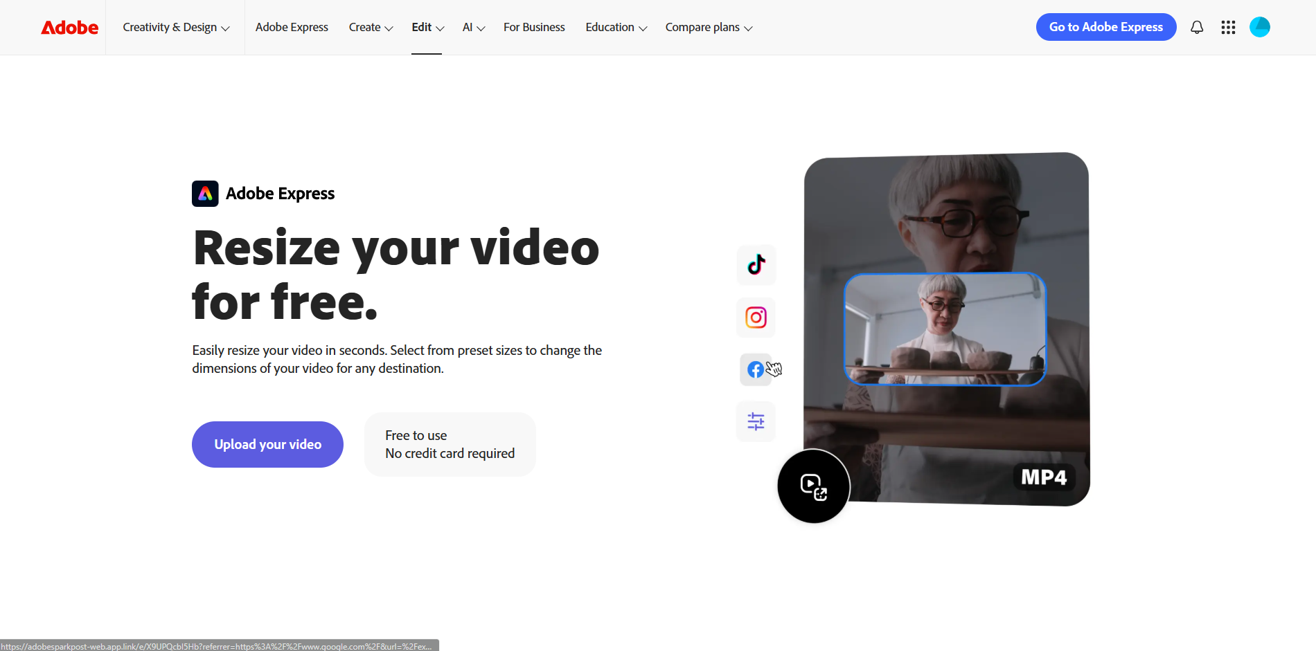 Interface d'Adobe - le meilleur redimensionneur vidéo en ligne