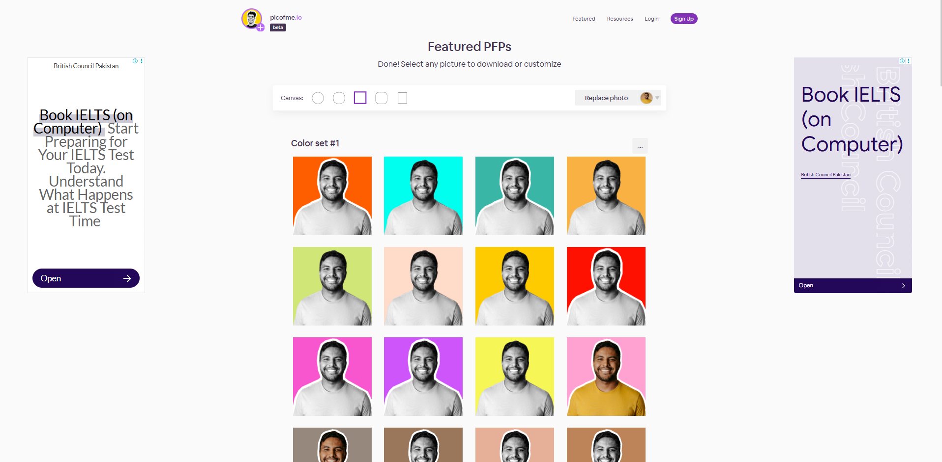 Interfaccia di Picofme.io - un altro creatore gratuito di foto profilo