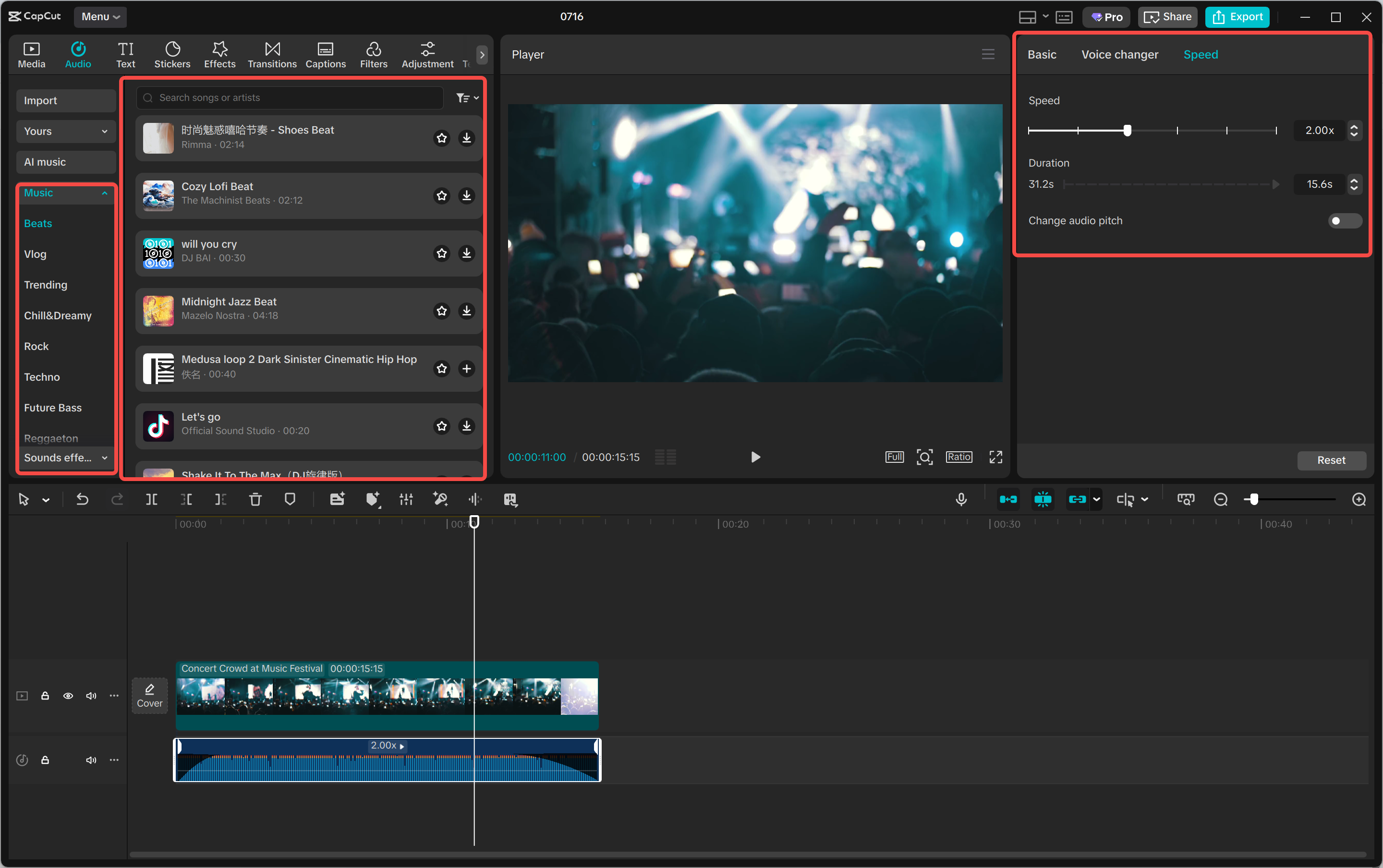 Change the music pitch and edit in the CapCut desktop video editor interface