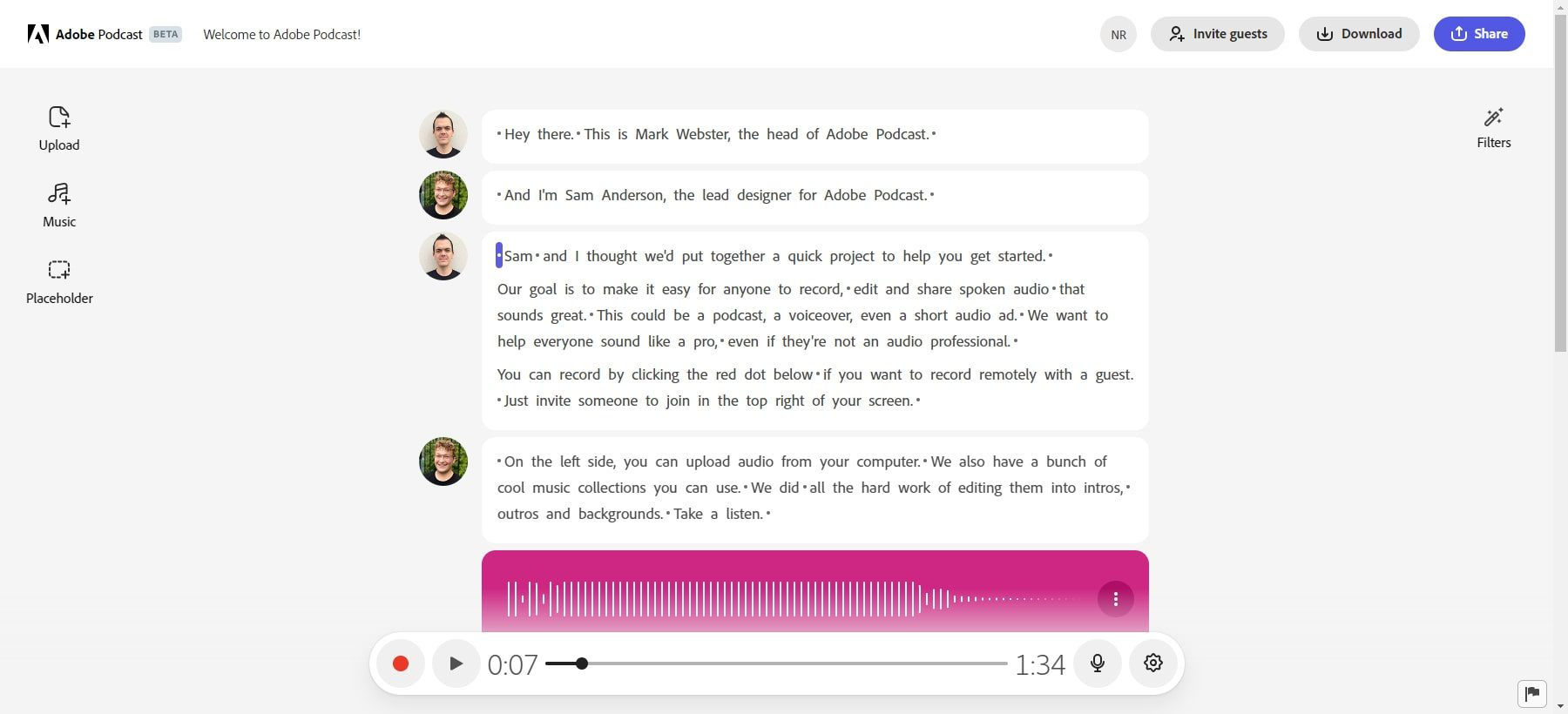 Schnittstelle von Adobe Podcast - KI-Podcast-Sprachverstärker