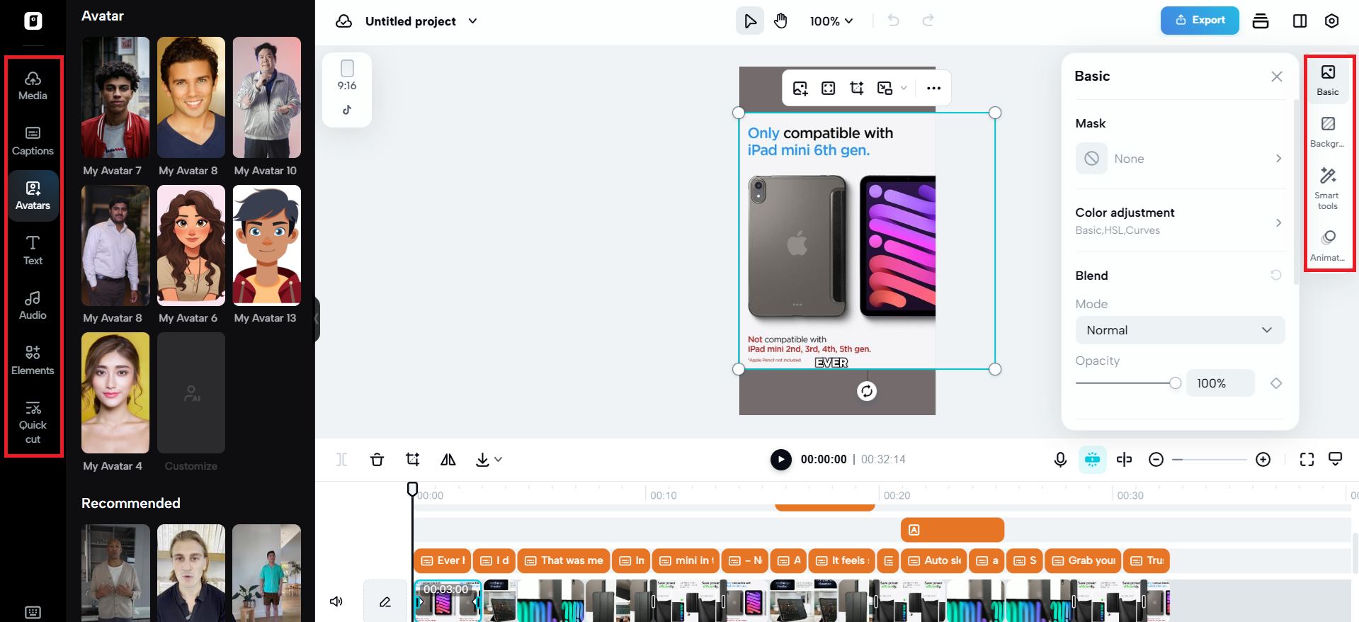 Editing options on either side of canvas