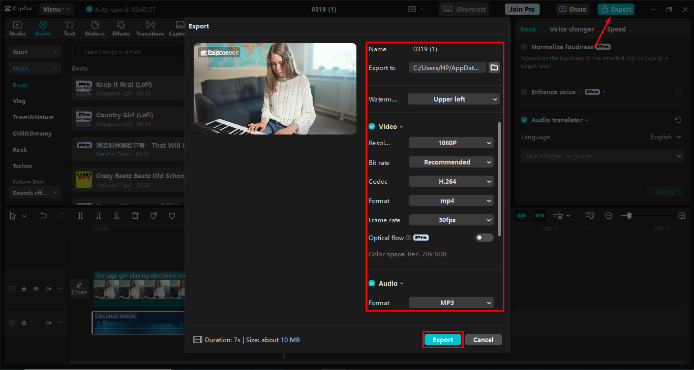 Exportieren des Videos aus dem CapCut Desktop-Video-Editor