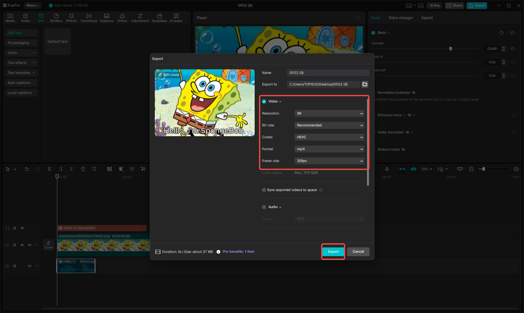 Exporting the video in CapCut