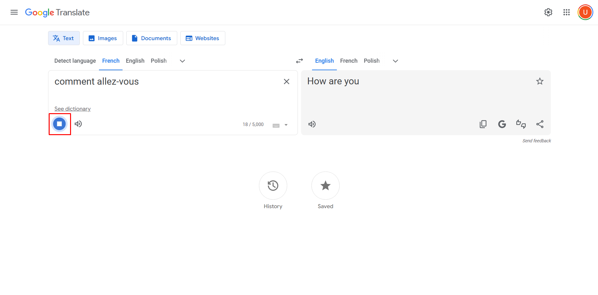 ביצוע תרגום קולי מצרפתית לאנגלית ב-Google Translate