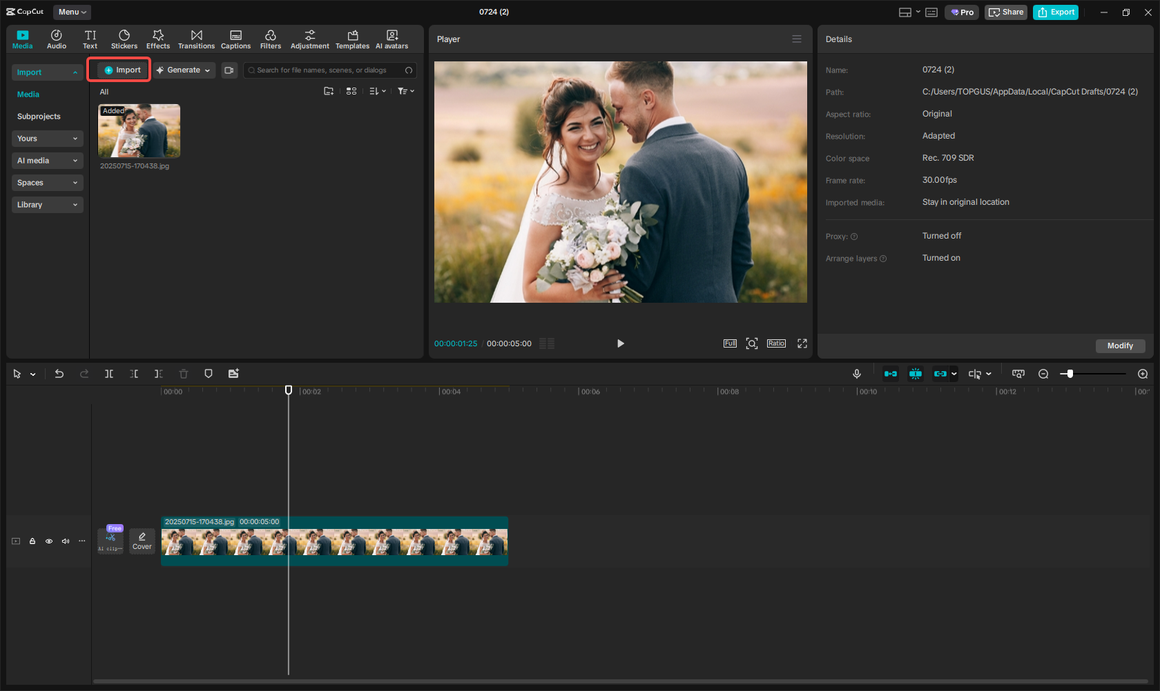 Importing the image/video in CapCut