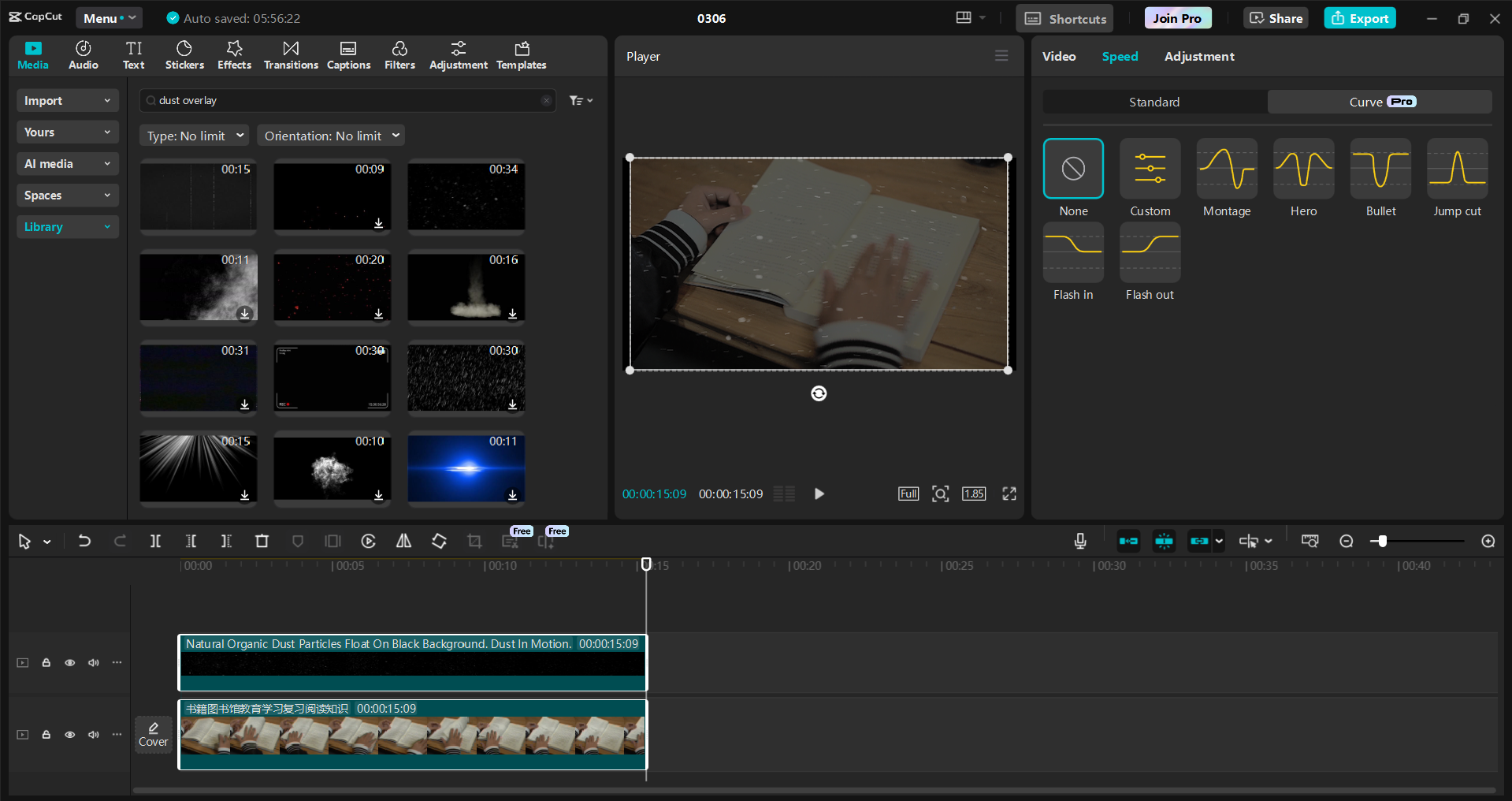 Interfaccia dell' CapCut editor video desktop - uno strumento ideale per ottenere e modificare sovrapposizioni di polvere e graffi