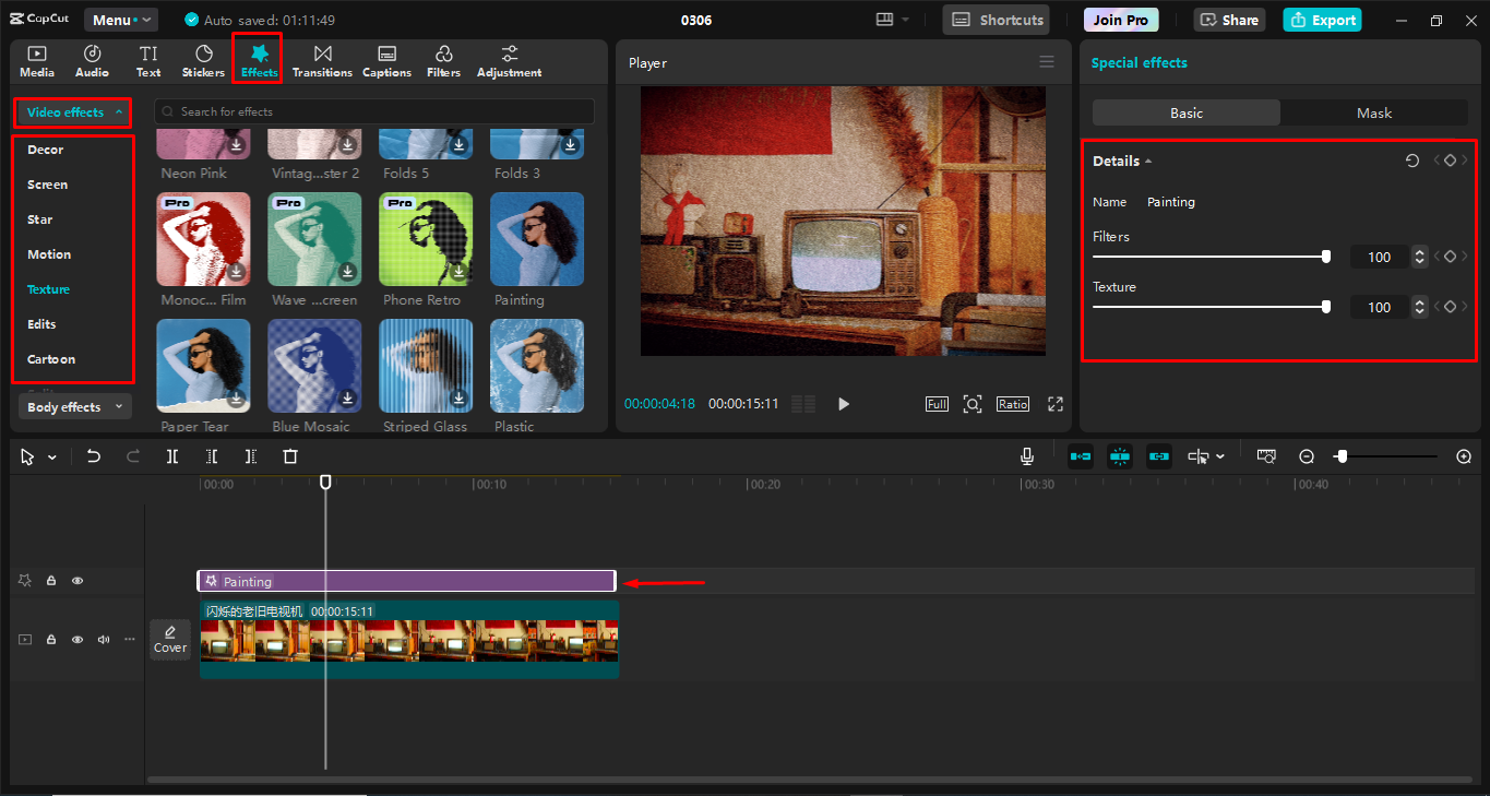 Aggiunta del vecchio effetto rumore del film al video utilizzando l'editor video desktop Capcut