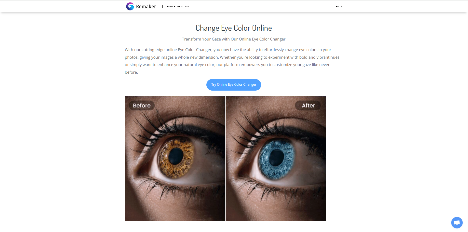 Interface of Remaker AI - an online app to change eye color