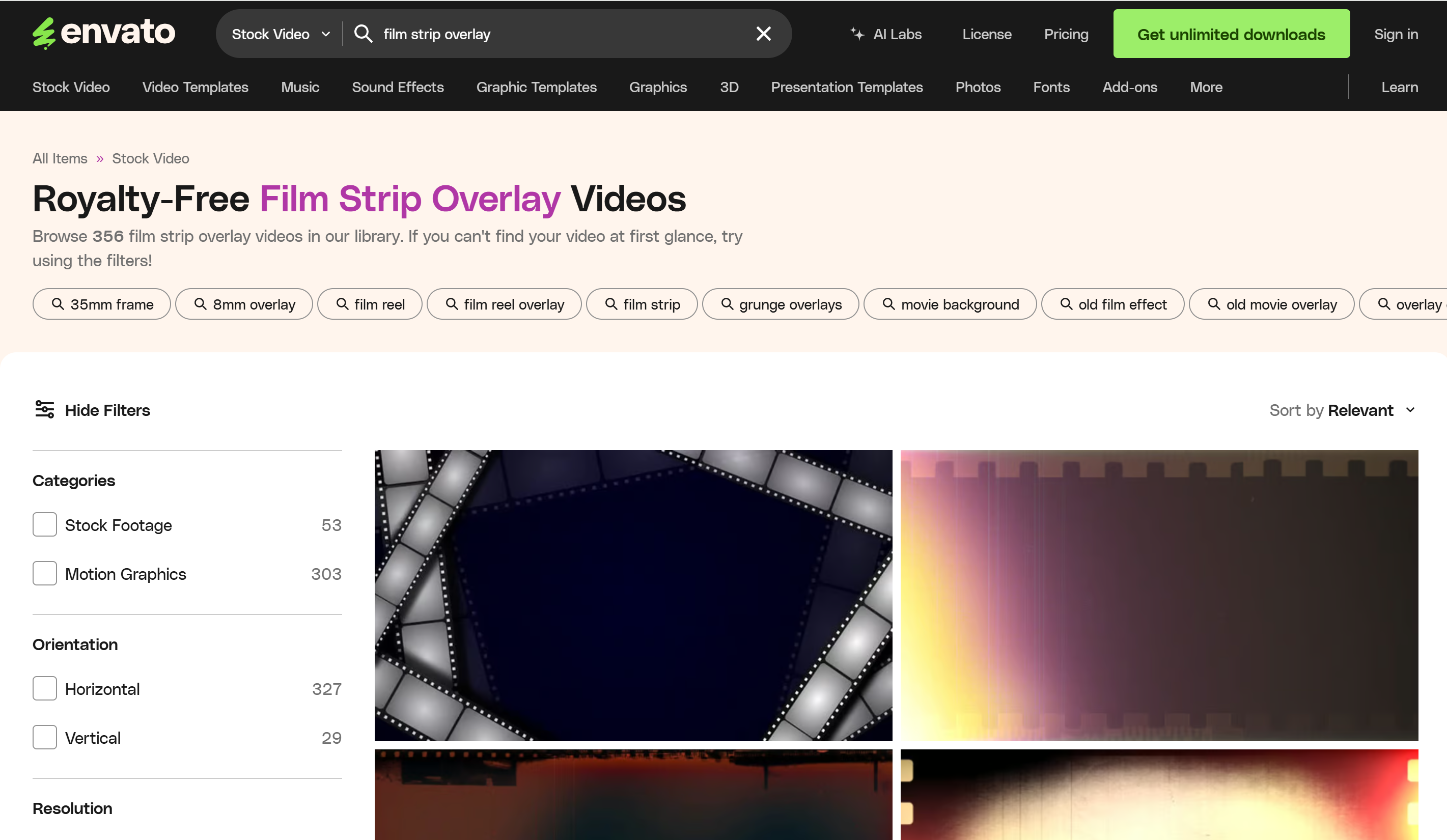 Top 5 sites para baixar sobreposições de tira de filme: Envato Elements (pago)