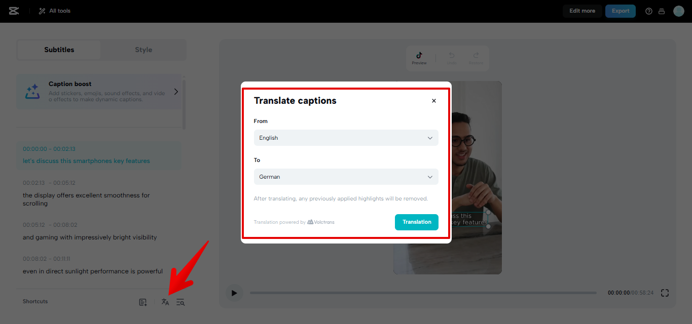Ondertitels vertalen in CapCut Web