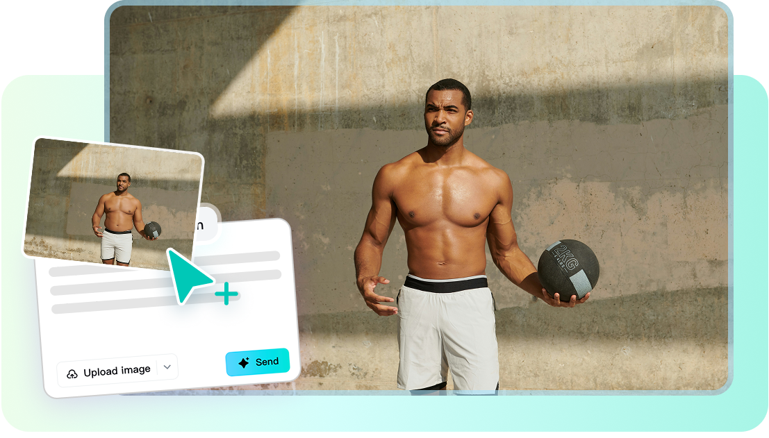 The layout pairs an athletic man holding a medicine ball with an upload prompt and send control