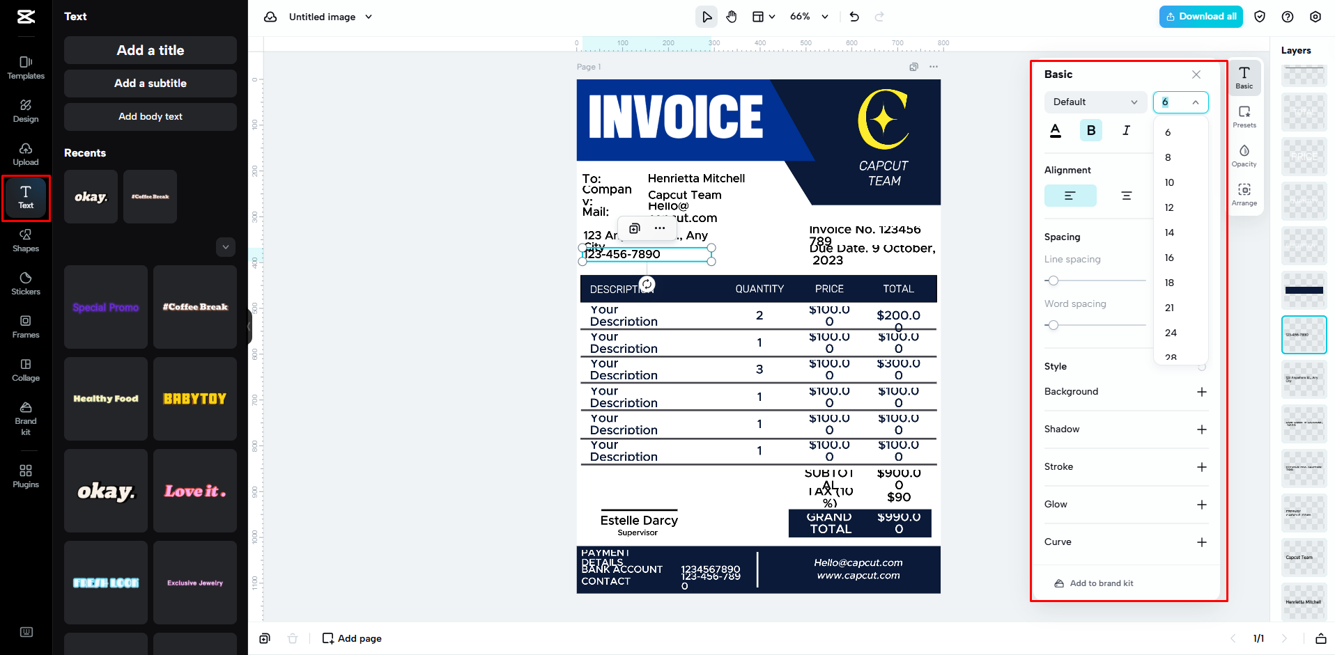 Menyesuaikan templat invois dengan CapCut Web