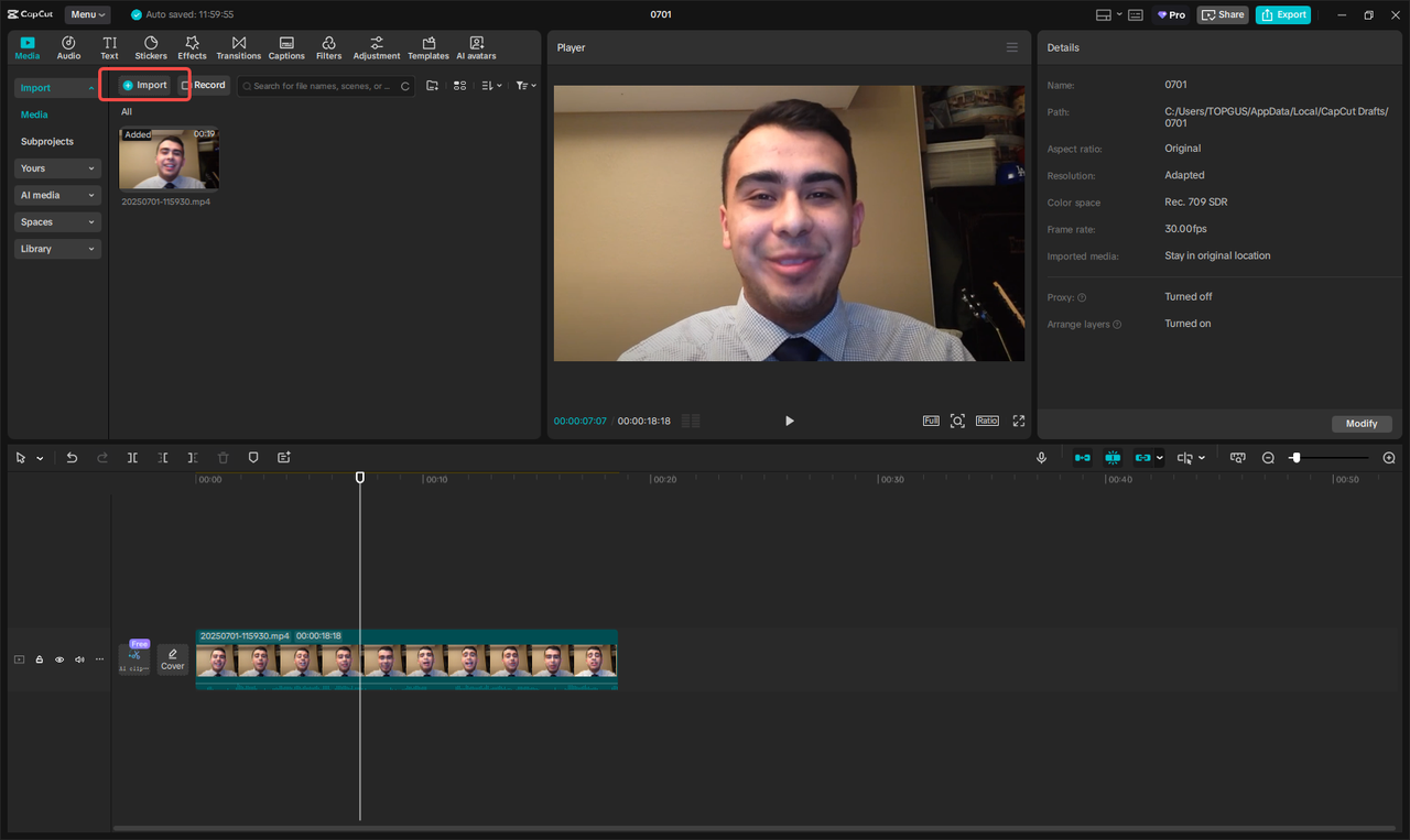 Inicie CapCut y cargue su video de introducción