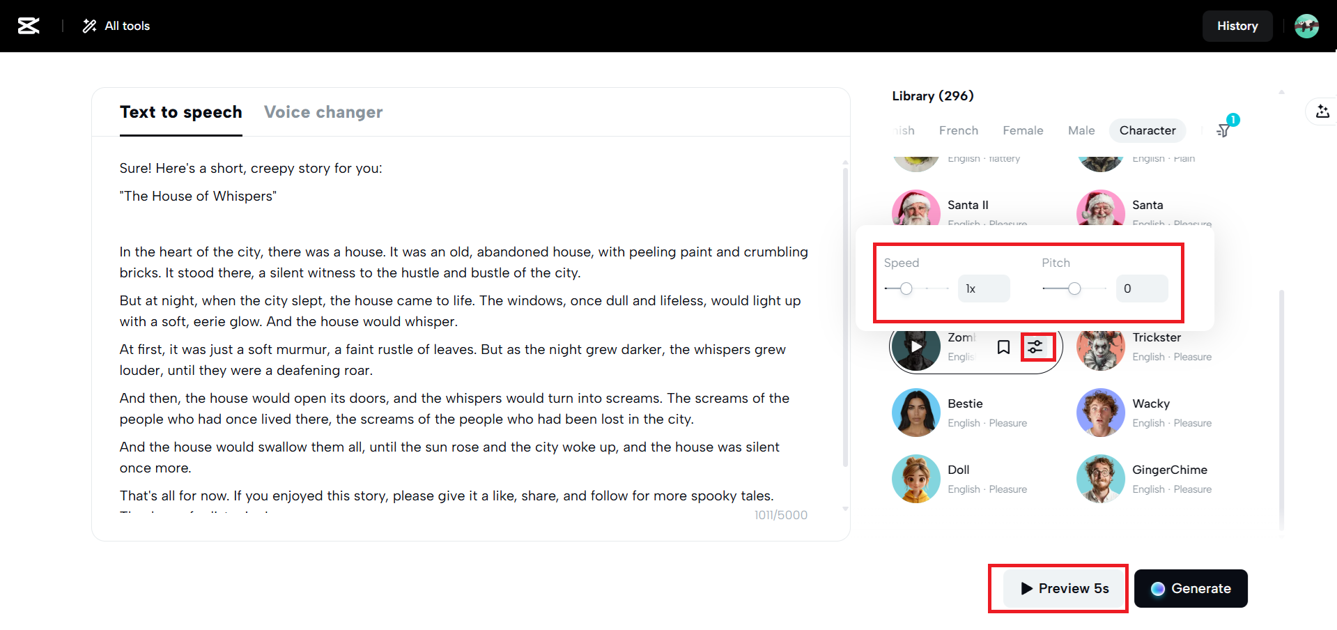 Adjust the speed and pitch and click on the preview