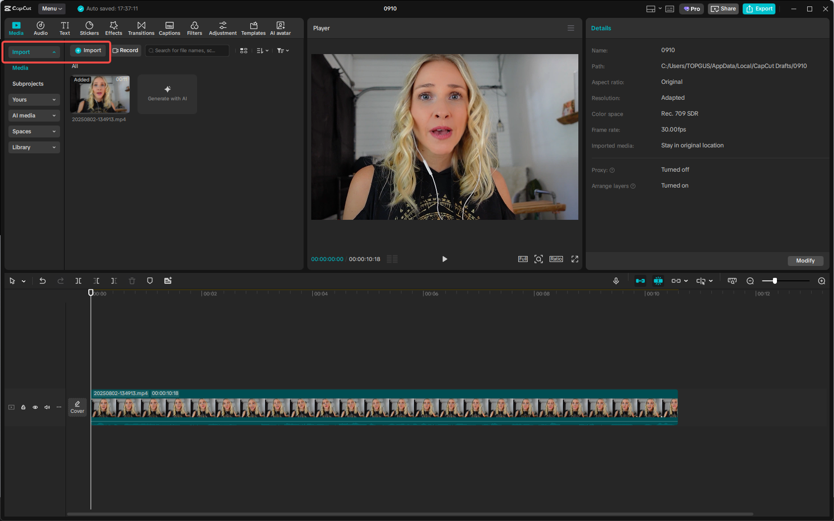 Importing the video into CapCut