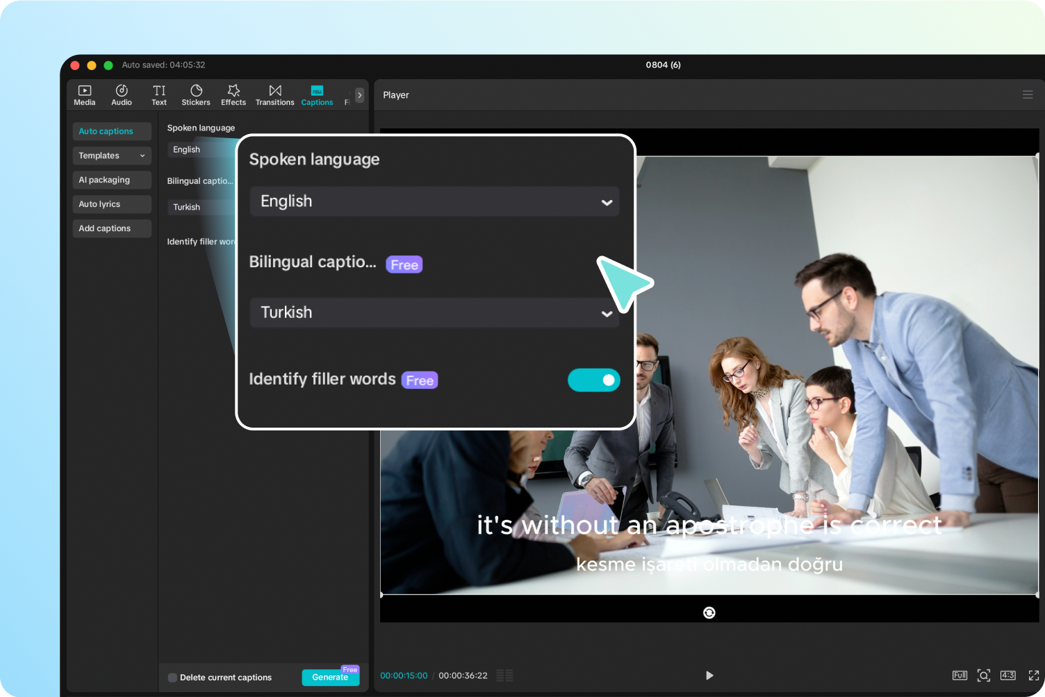Translate English to Turkish using CapCut's bilingual captions