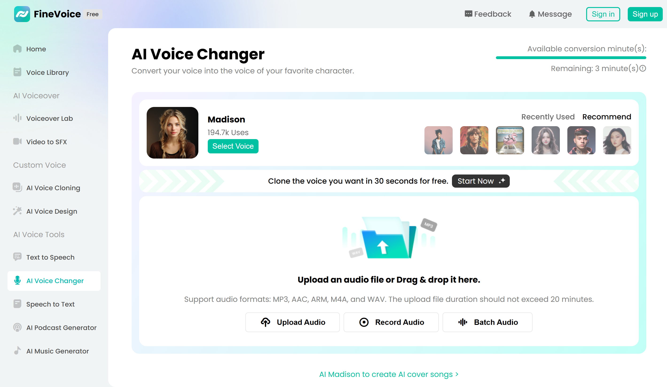Interface of FineVoice - an easy-to-use free online voice changer