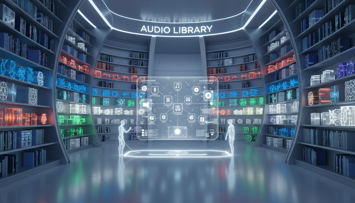 Une représentation visuellement époustouflante et esthétique d'une vaste bibliothèque de musique et d'effets sonores, dans un style moderne et épuré.