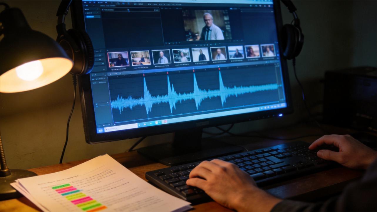 Person editing a voiceover timeline with photo thumbnails and audio waveform on a computer