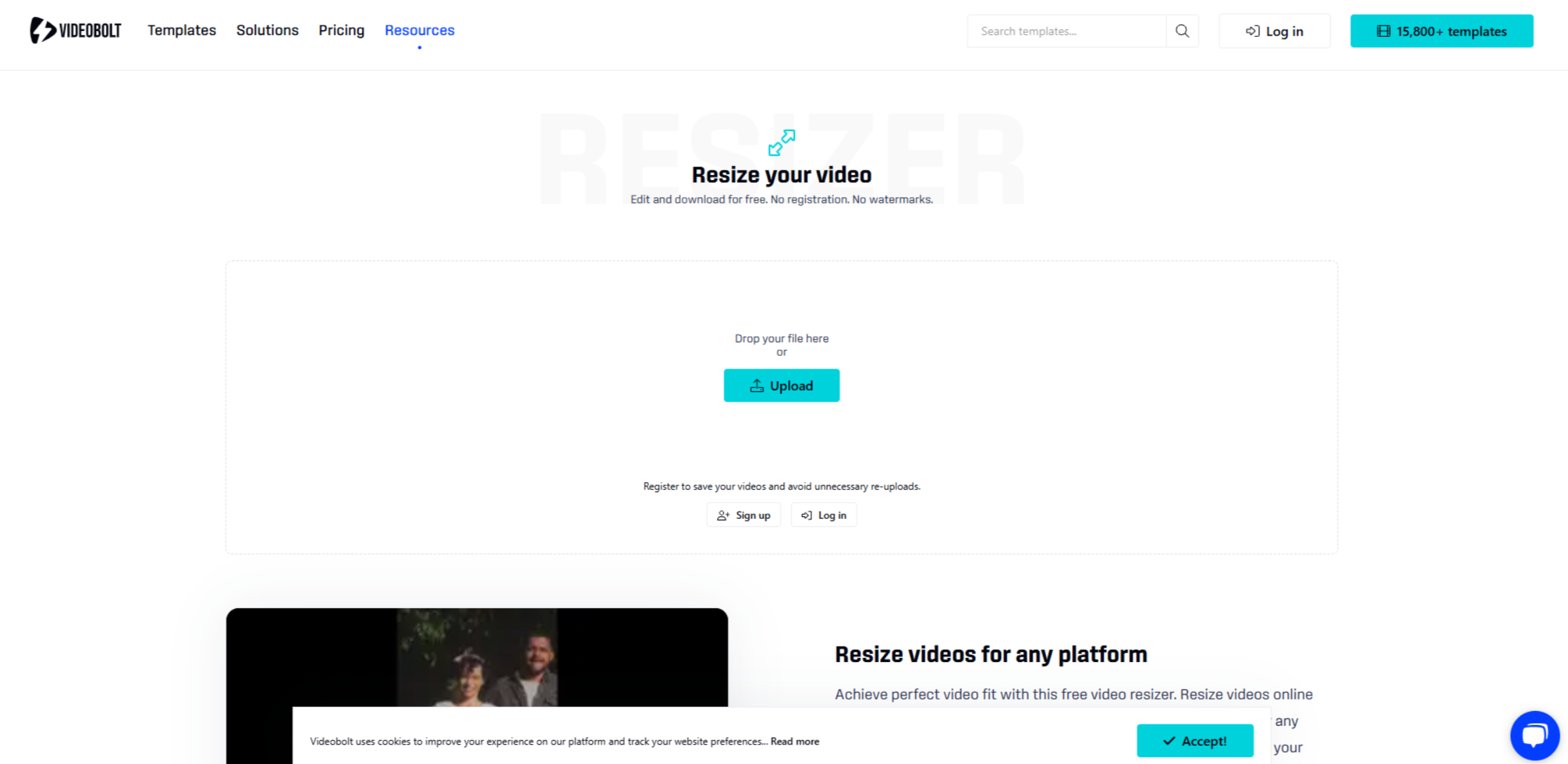 Interface de Videobolt - un redimensionneur vidéo en ligne convivial