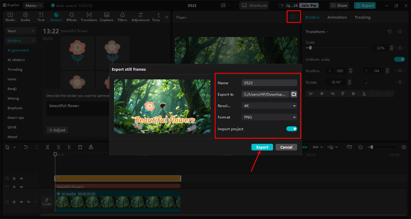 Ini-export ang huling larawan mula sa CapCut desktop video editor