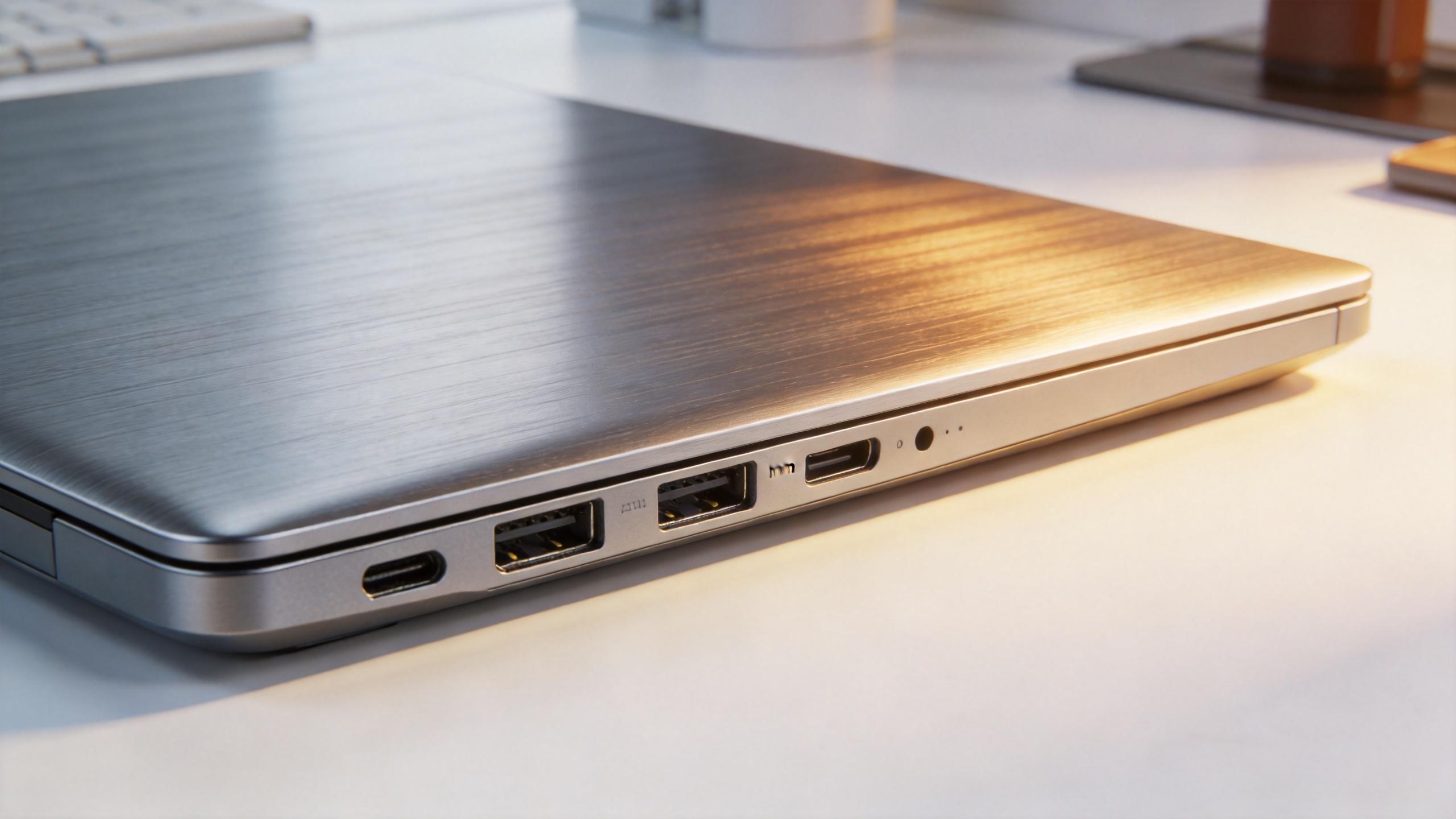 Close-up of a laptop side showing USB and other ports on a desk