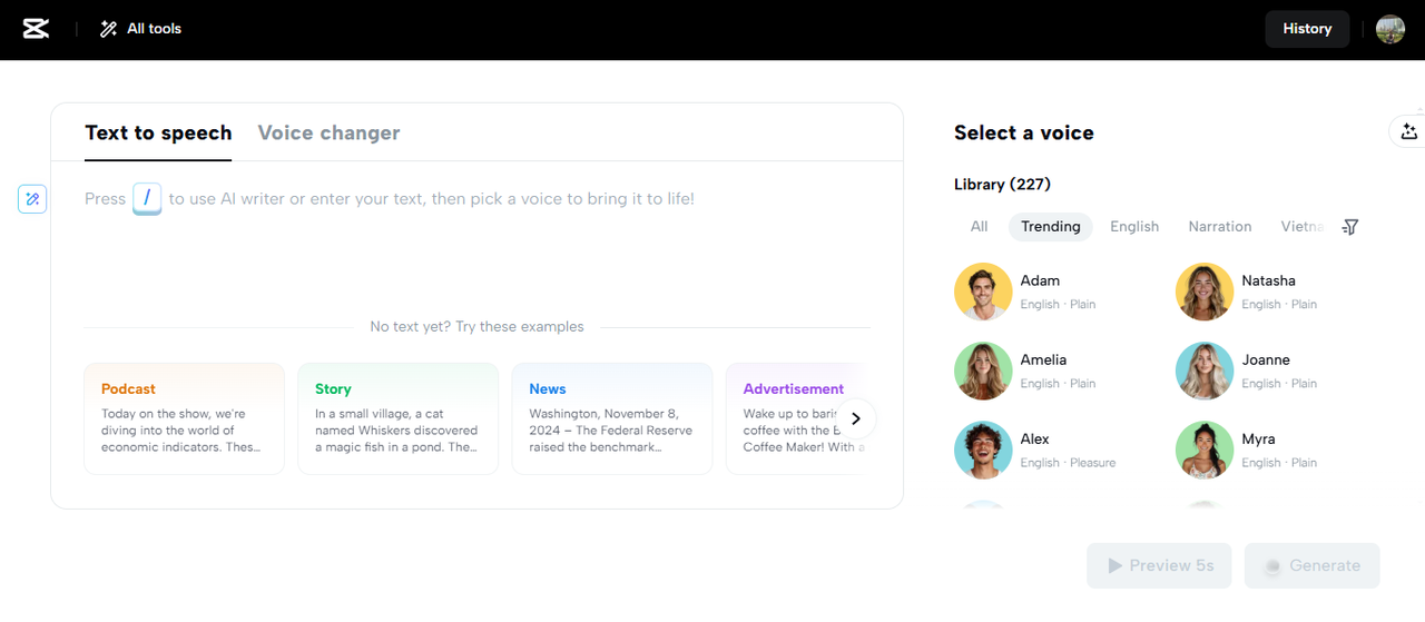 CapCut Web 's AI generatore di voce fuori campo
