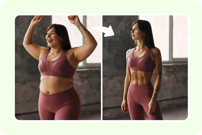 A side-by-side fitness portrait displays the same woman before and after body editing