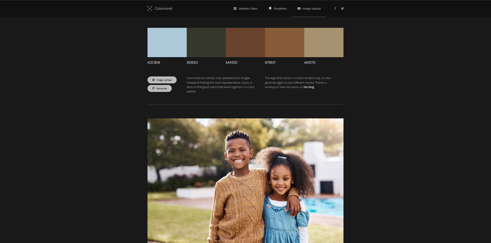 Interface of Colormind - a perfect brand palette generator
