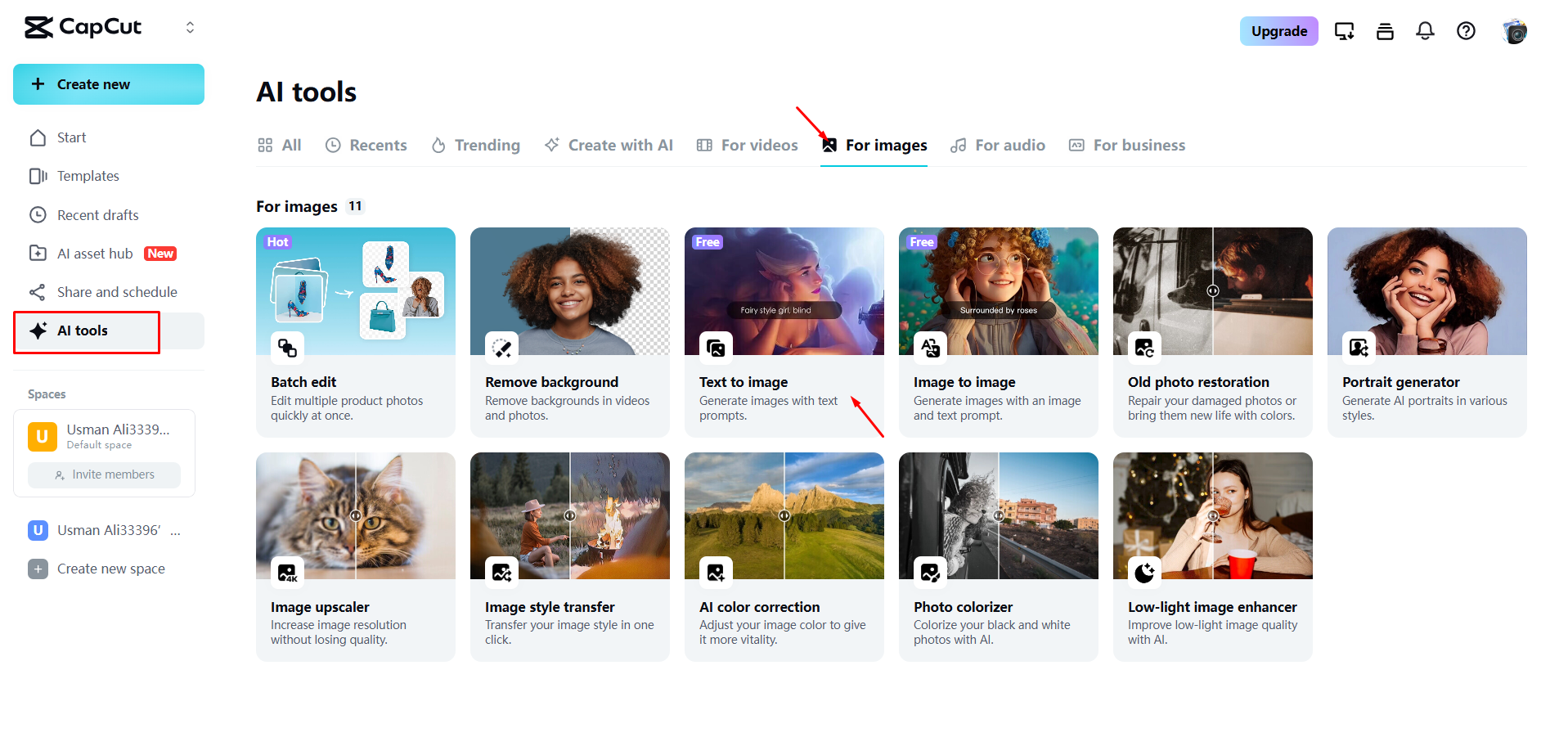 Accessing the image generator in CapCut Web