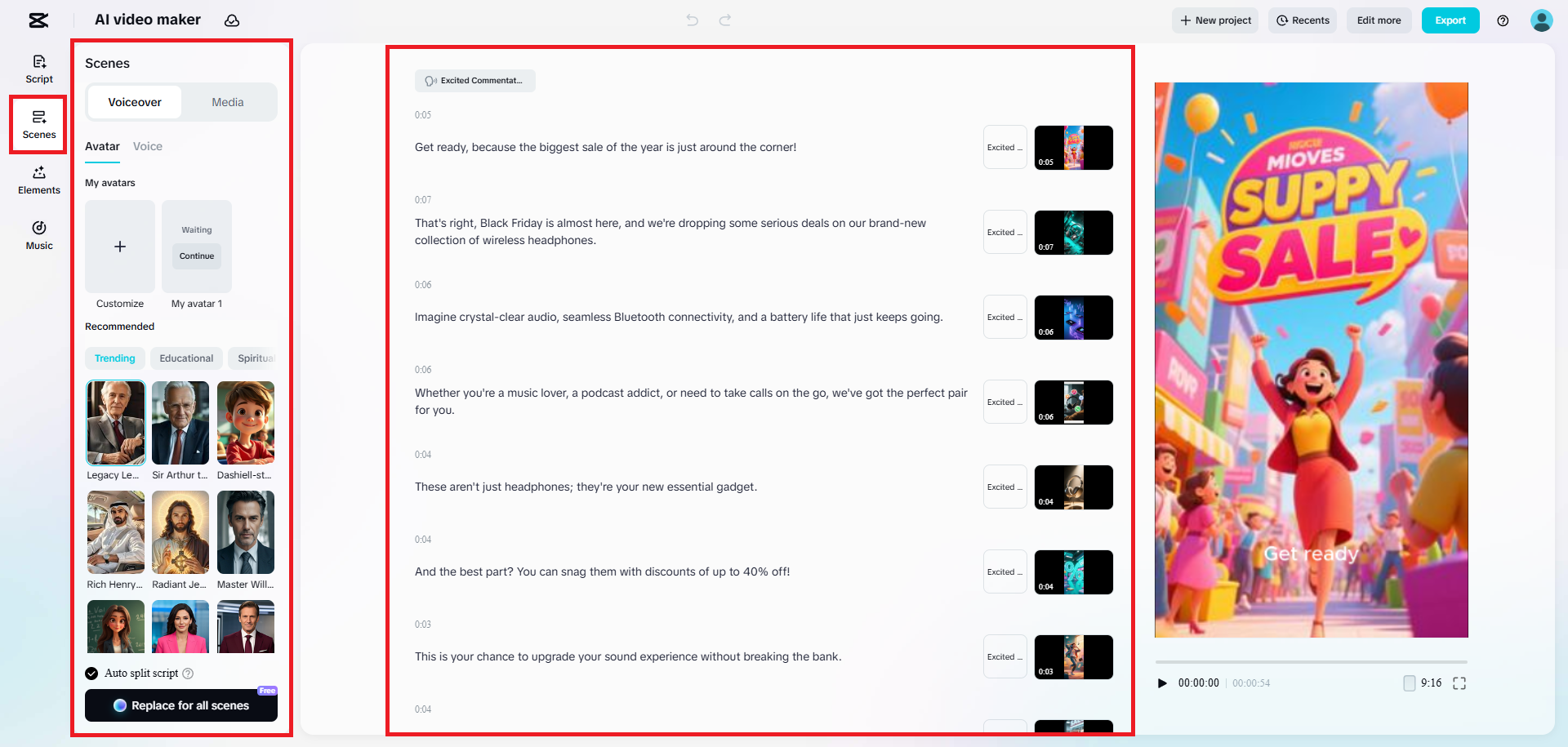Edit the generated script, voiceover, avatar, media, etc.