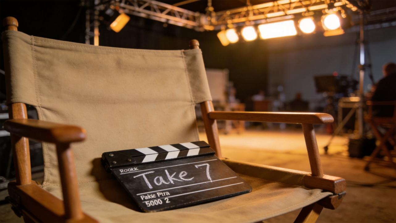Director's chair with a clapperboard labeled Take 7 on a film set
