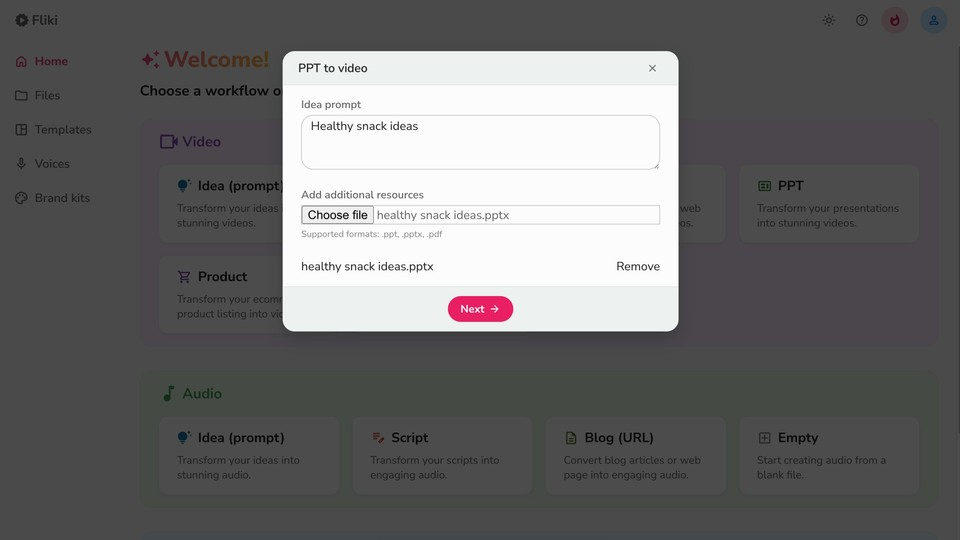 Open Fliki for converting PowerPoint to a video