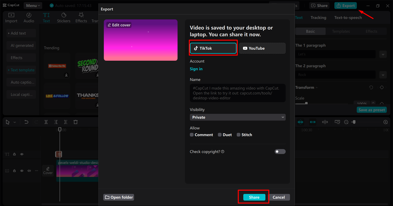 A desktop export dialog has TikTok selected for sharing, with visibility and interaction options below